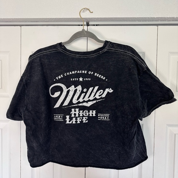 Black acid wash Miller High Life crop t shirt - Picture 3 of 3